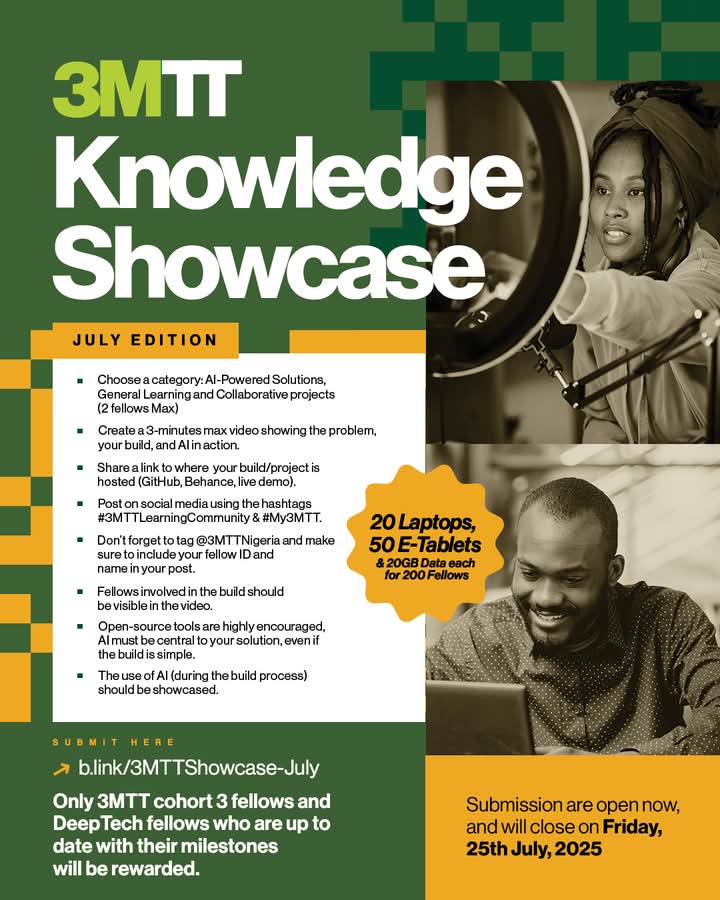 3MTT Knowledge Showcase – July Edition | Win a Laptop or 5G Mi-Fi Router